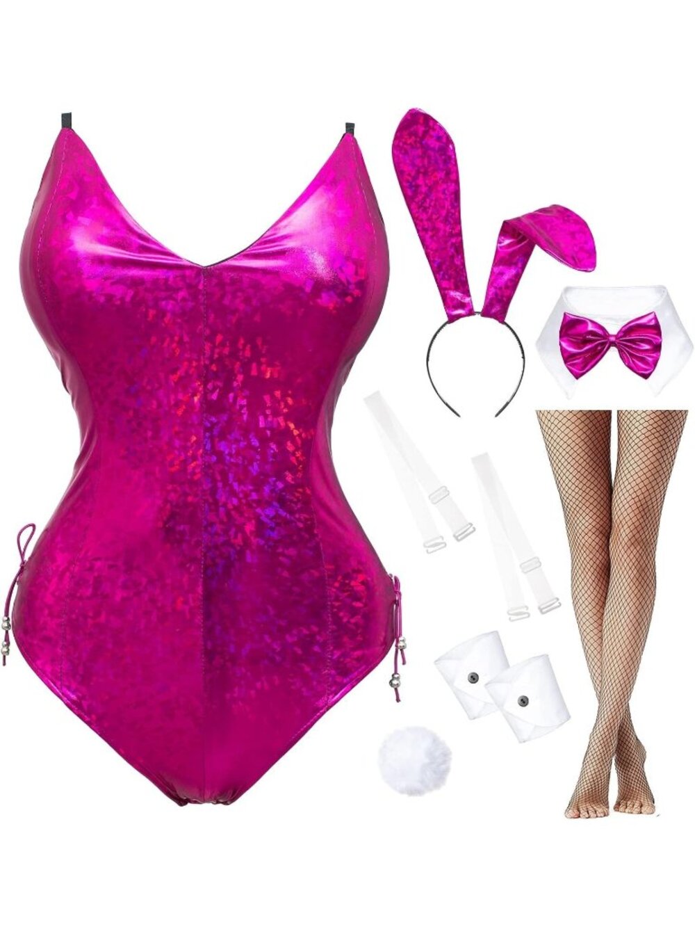 Pink Bunny Suit Costume Sparkle Bodysuit + Accessories Playboy Cosplay LARGE